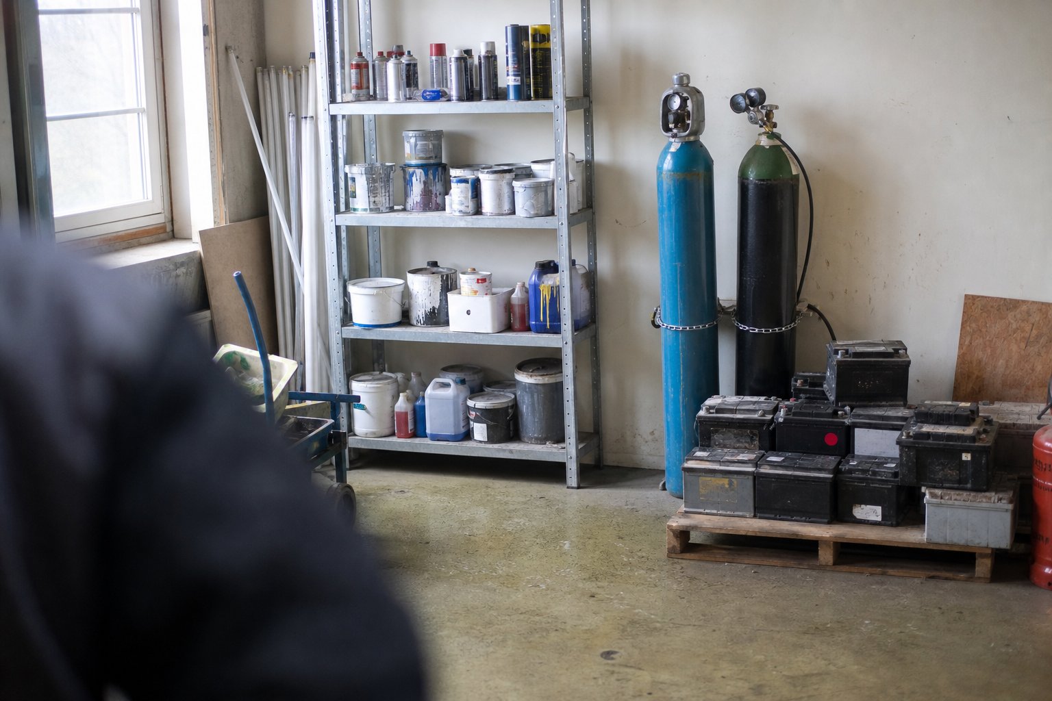 Depotrum på uddannelsesinstitution med maling, spraydåser, batterier og trykflasker