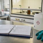 Opslået ringbind med sikkerhedsdatablade på et stålbord ved siden af en mærket kemikaliedunk og nitrilhandsker
